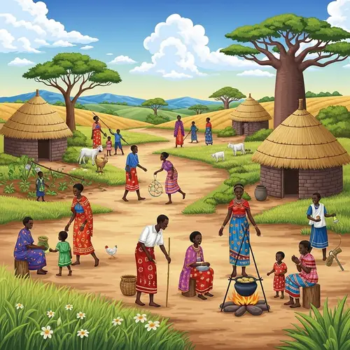 Serene Rural African Life: Families Engaging in Community Activities