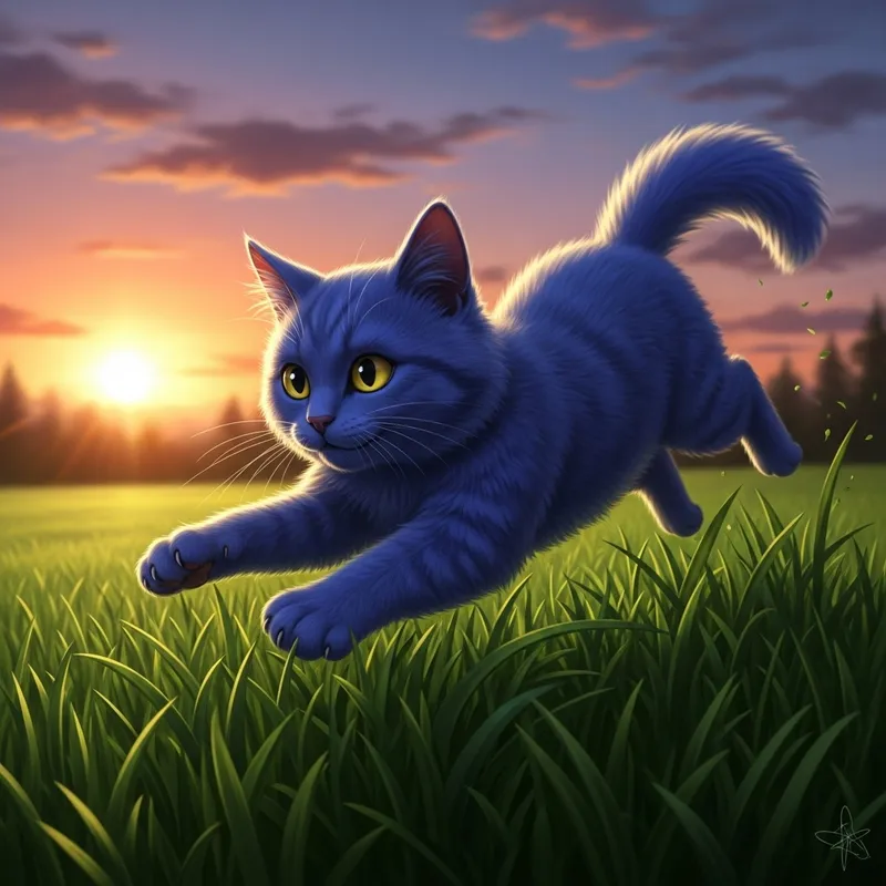 Adorable Blue Cat Playing on Grass at Sunset
