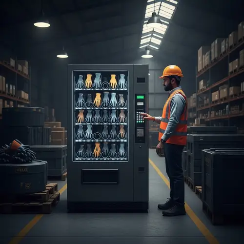 Industrial Warehouse Scene with Vending Machine and Worker