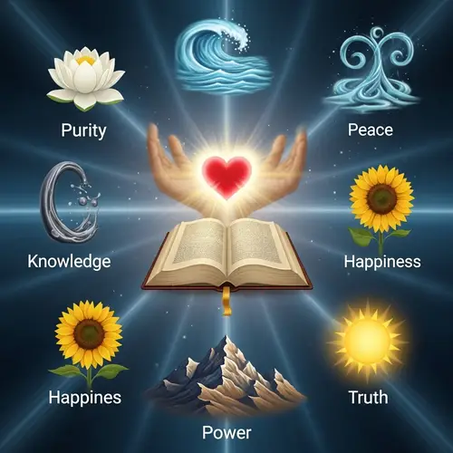 Soul's Seven Sacred Qualities: Purity, Peace, Love, Knowledge, Happiness, Power, Truth
