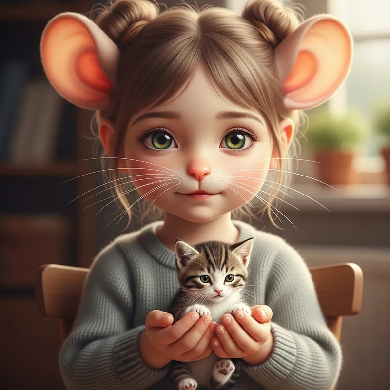 Little Girl with Mouse-Like Features Holding Kitten Little Girl with Mouse-Like Features Holding Kitten
