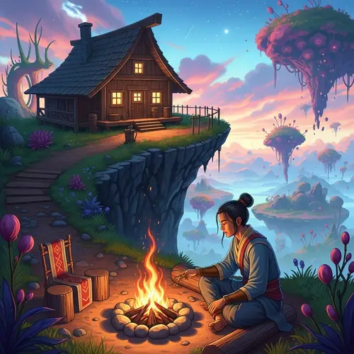 Rustic Cabin Overlooking Otherworldly Landscape | Spiritual Being by Campfire