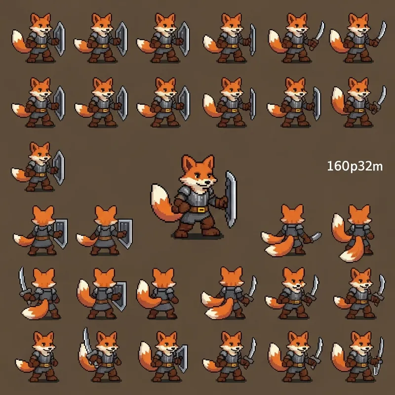 Pixel Art Sprite Sheet of Anthropomorphic Fox for D&D RPG