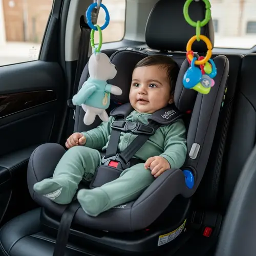 Joyful Middle-Eastern Baby in Modern Car Child's Seat