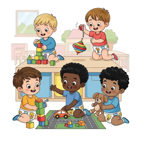 Playful Kindergarteners in Colorful Cartoon Diapers