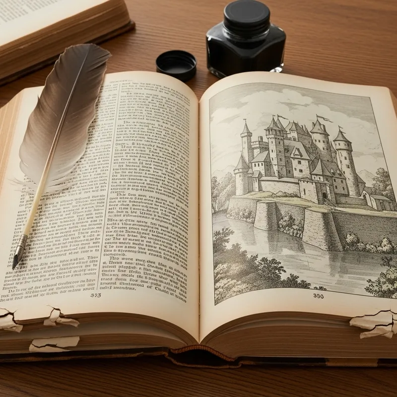 Vintage Open Hardcover Book with Medieval Castle Illustration - Detailed Image Vintage Open Hardcover Book with Medieval Castle Illustration - Detailed Image
