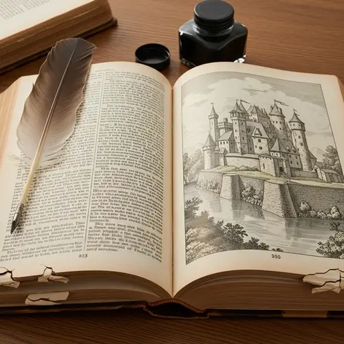 Vintage Open Hardcover Book with Medieval Castle Illustration