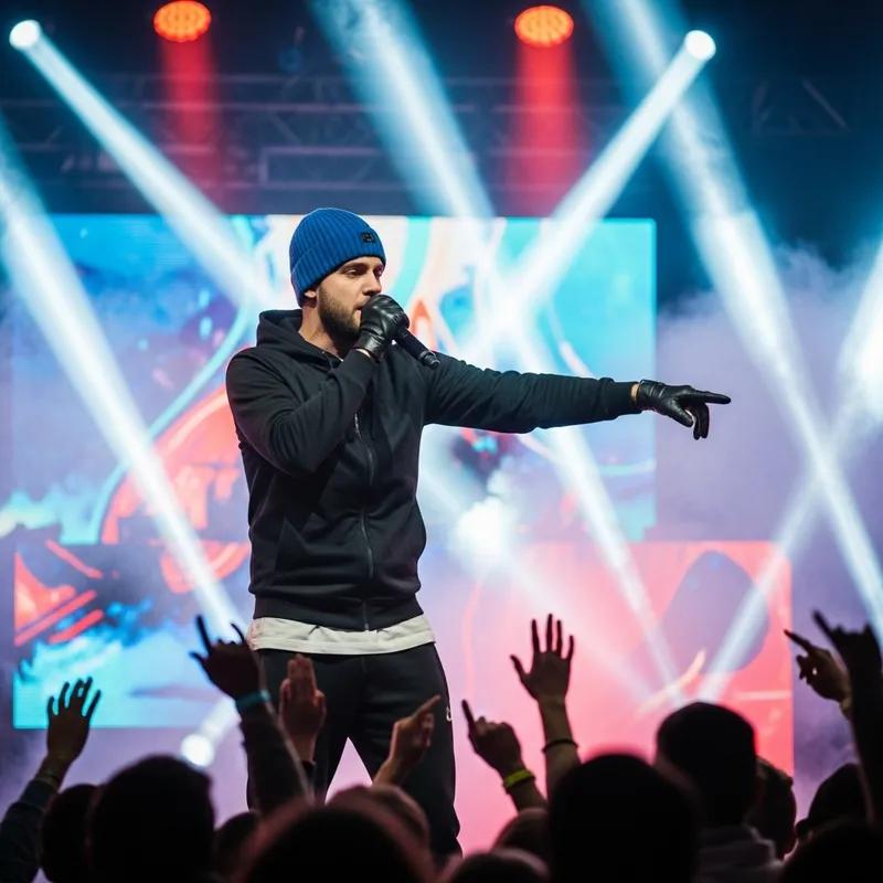 Energetic Rapper in Blue Wool Beanie and Black Gloves Performing live at Concert