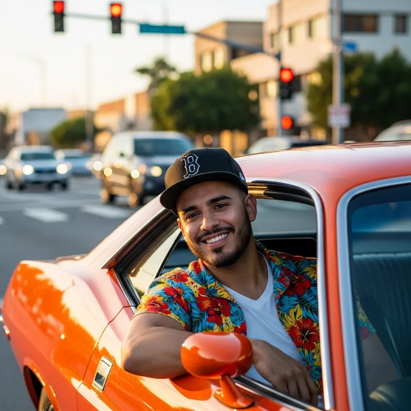 Hispanic Man in Flamboyant Shirt with 'B' Cap in Orange Car Hispanic Man in Flamboyant Shirt with 'B' Cap in Orange Car