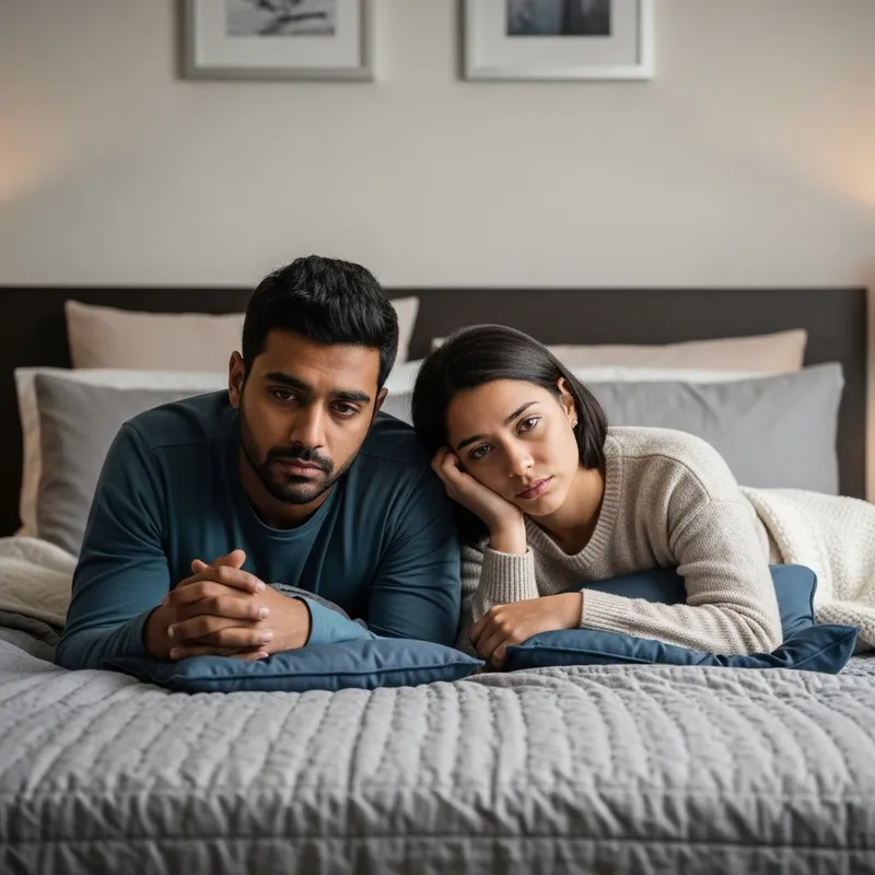 Emotional Scene: Couple Embracing Sadness in Serene Bedroom Emotional Scene: Couple Embracing Sadness in Serene Bedroom