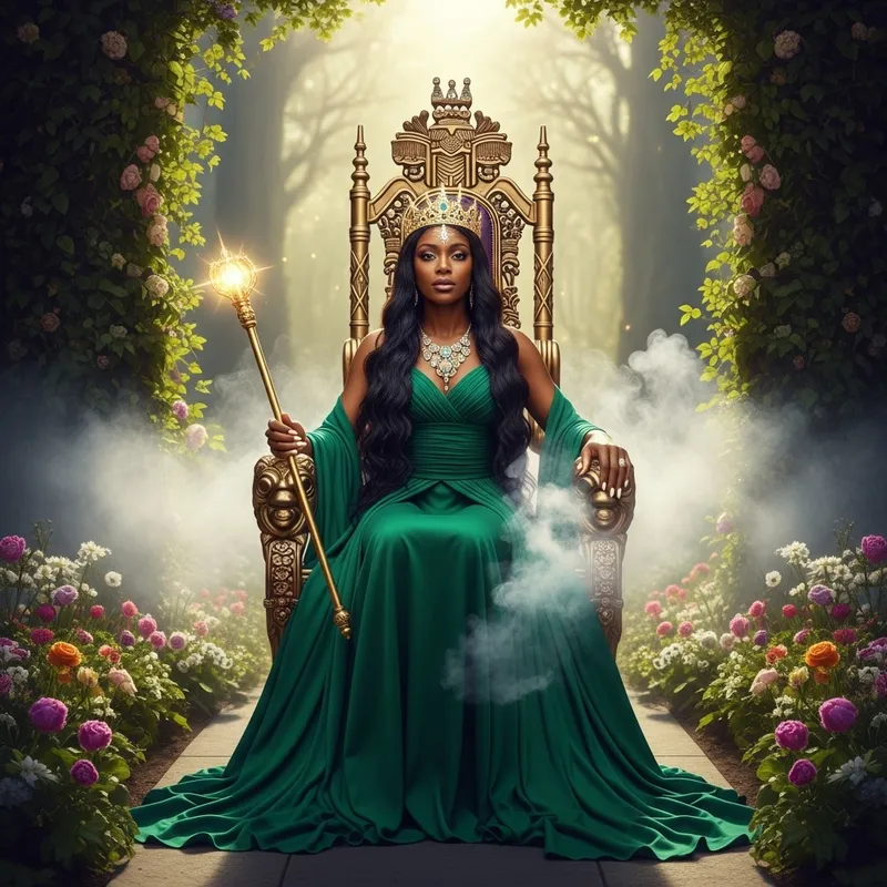 Radiant Black Woman in Green Gown | Garden of Eden Throne Illuminated in Light