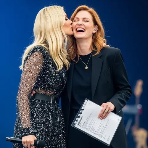 Blonde and Redheaded Women Embrace: Joyful Friendship Moment
