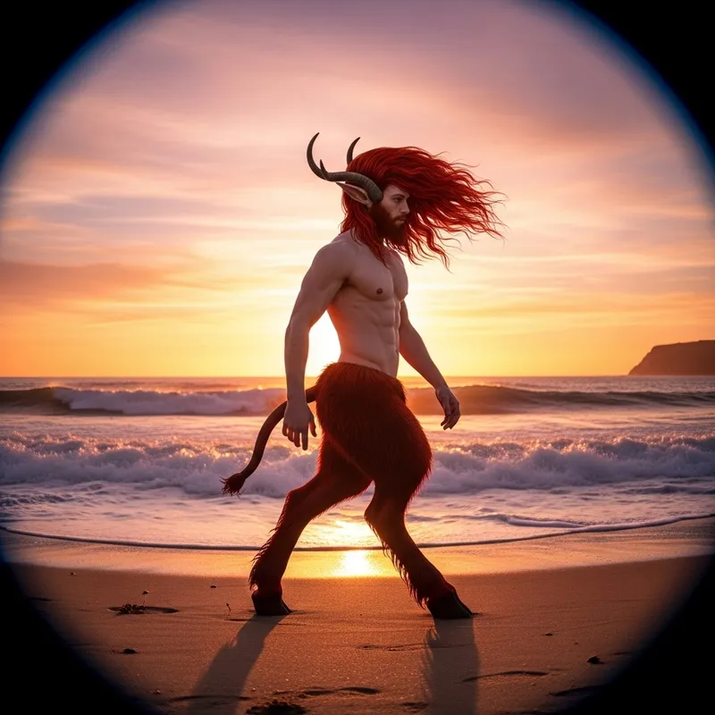 Enchanting Red-Haired Faun Silhouetted Against Sunset Seascape