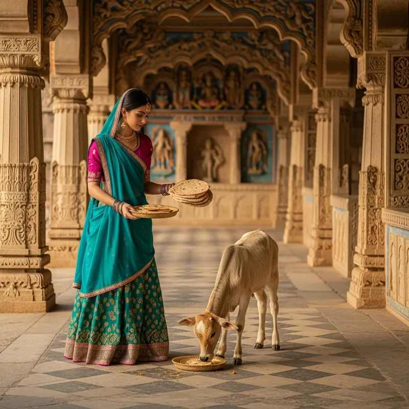 Beautiful South Asian Girl in Traditional Indian Attire at Temple with Chapatis