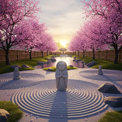 Zen Garden Serenity: Stone Statue in Tranquil Setting