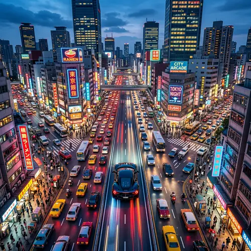 Dynamic Cityscape at Dusk with Neon Lights & Sports Car