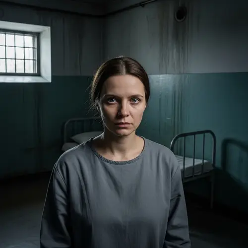 Russian Woman in Prison Setting: Slavic Features, Resilient Eyes