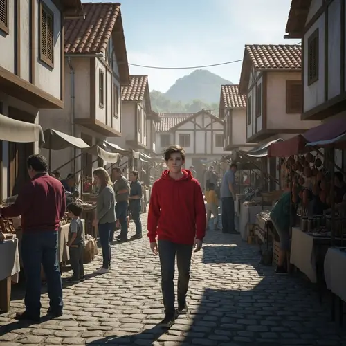 Boy in Red Hoodie Explores Economilandia Town