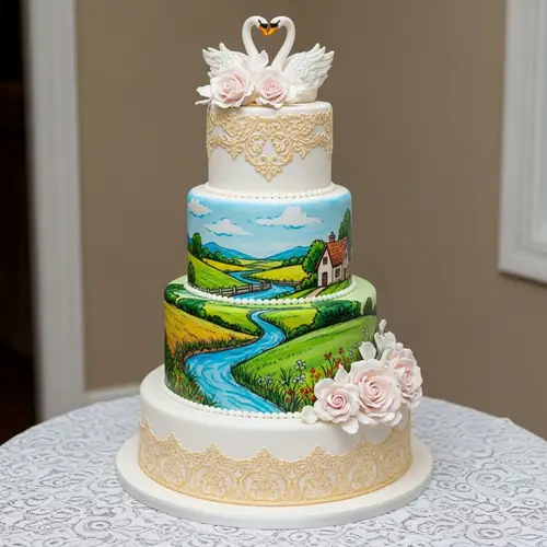 Elegant Three-Tiered Wedding Cake with Artistic Illustrations
