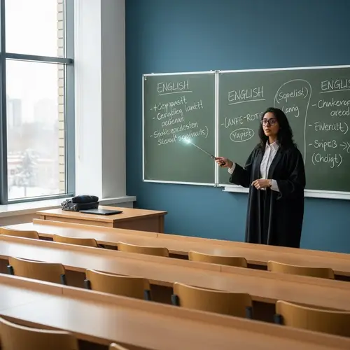 Middle-Eastern Female English Literature Professor in Modern Classroom