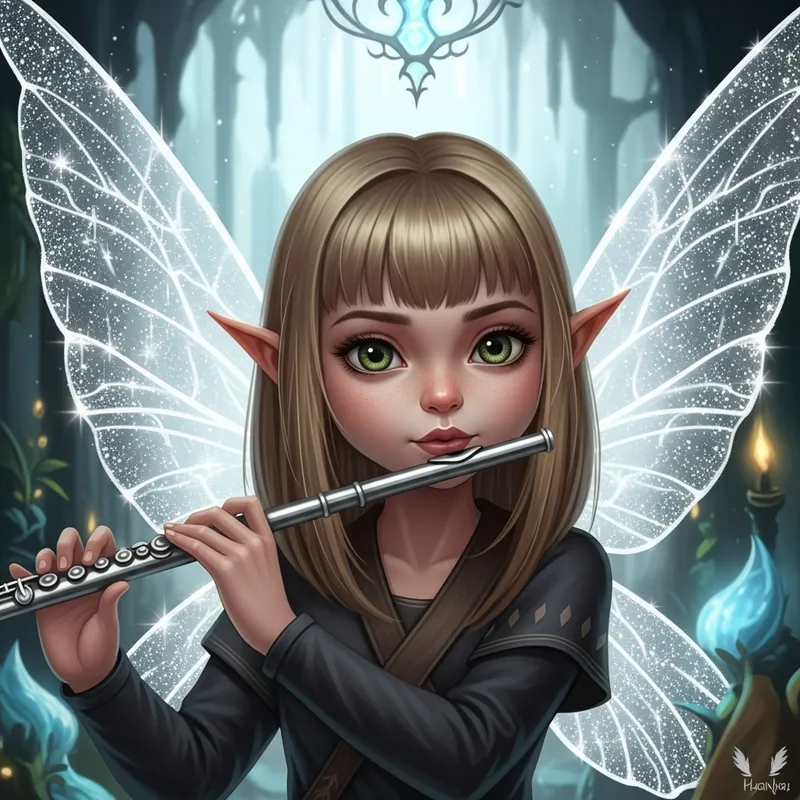 Enchanting Fairy Bard with Straight Blonde Hair Playing Flute Enchanting Fairy Bard with Straight Blonde Hair Playing Flute