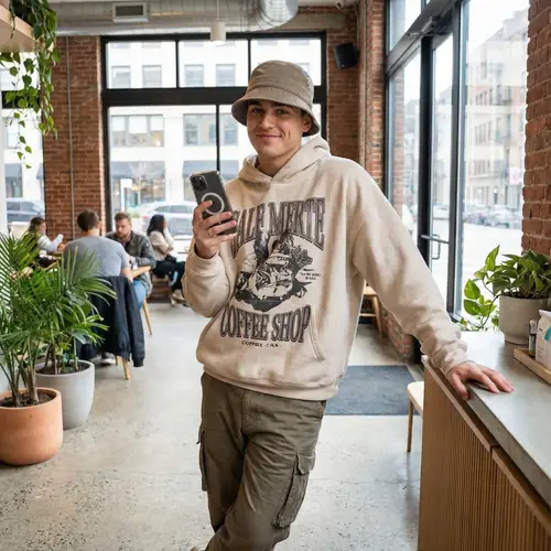 Trendy Streetwear Influencer in Urban Coffee Shop