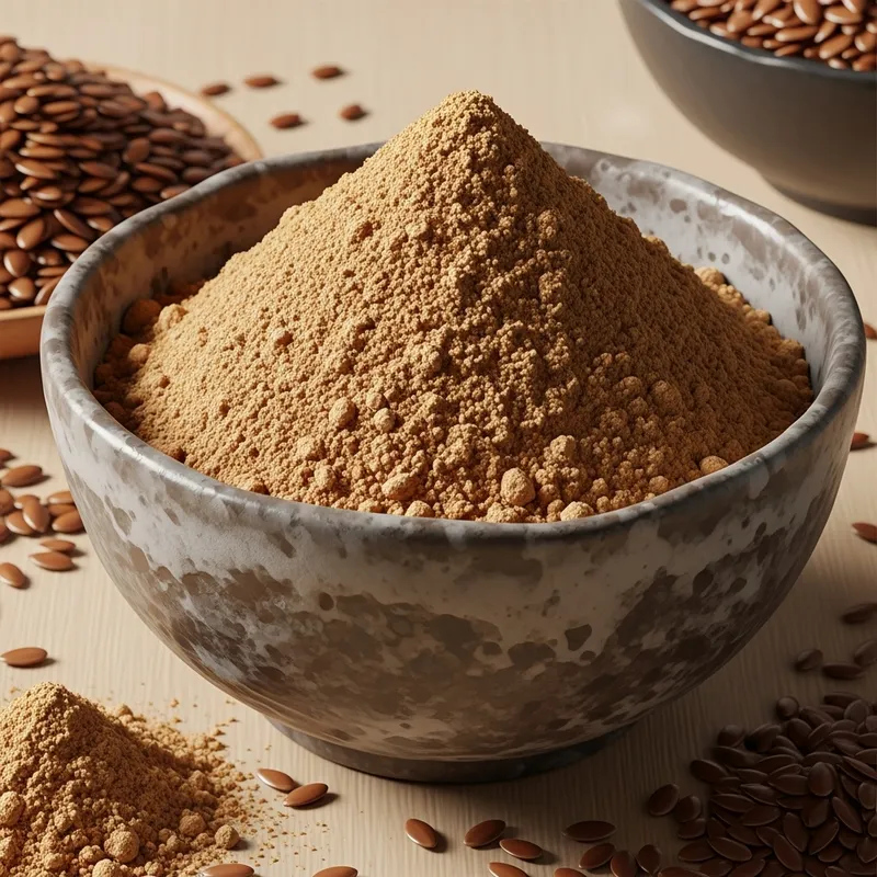 Flaxseed Powder in Rustic Ceramic Bowl