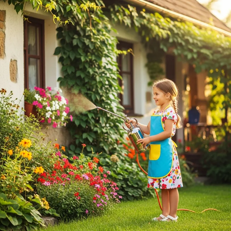 Girl in Apron Spraying Flowers at Village House Girl in Apron Spraying Flowers at Village House