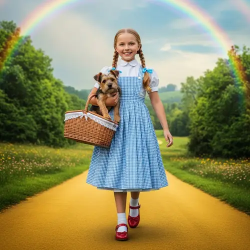 Young Girl in Blue & White Gingham Dress with Ruby Red Shoes