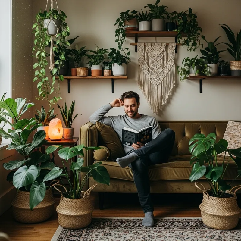 Cozy Room with Man Relaxing on Couch and Lush Greenery