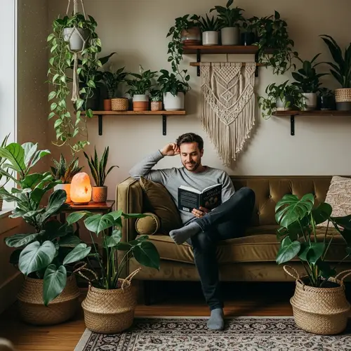 Tranquil Room with Man on Couch and Potted Plants