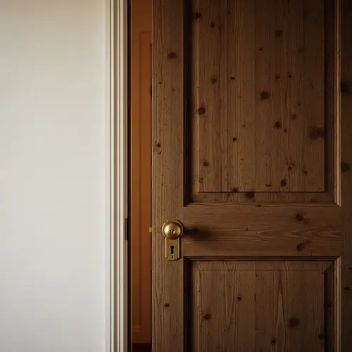 Tranquil Scene: Wooden House Door Ajar Revealing Warmly Lit Room
