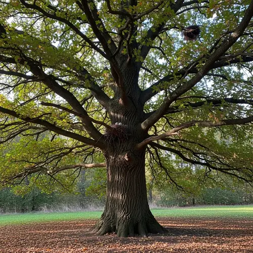 Majestic Oak Tree: Autumn Scene with Nest and Dappled Light