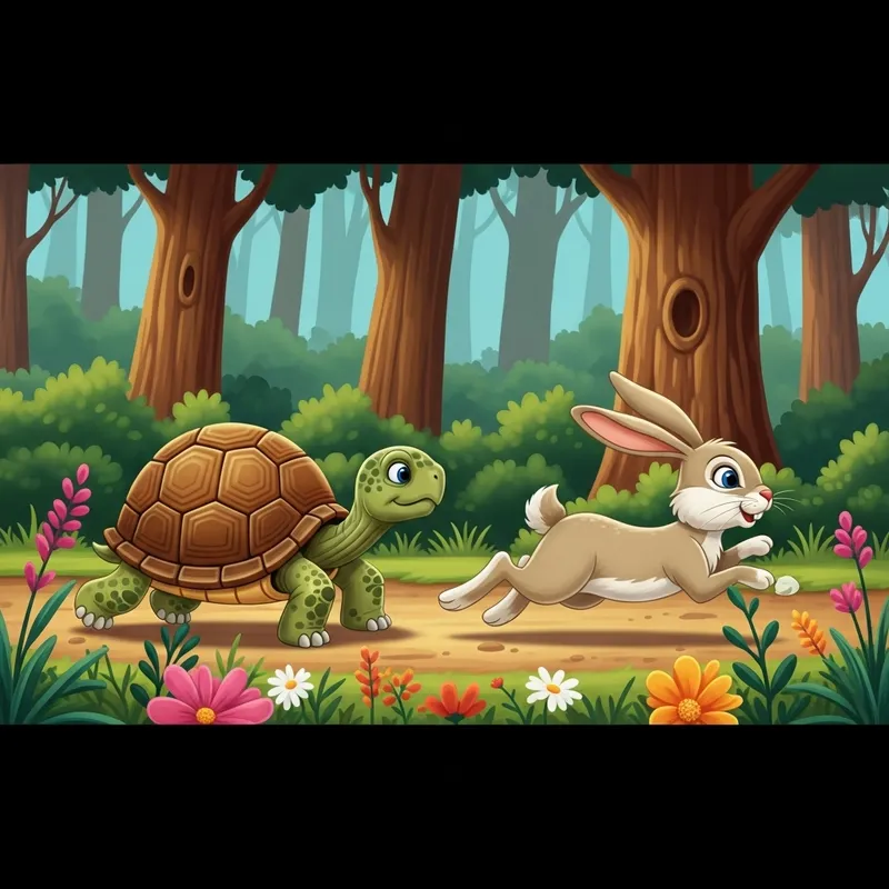 Cartoon Turtle and Rabbit in Forest Race - Classic Tale Animation