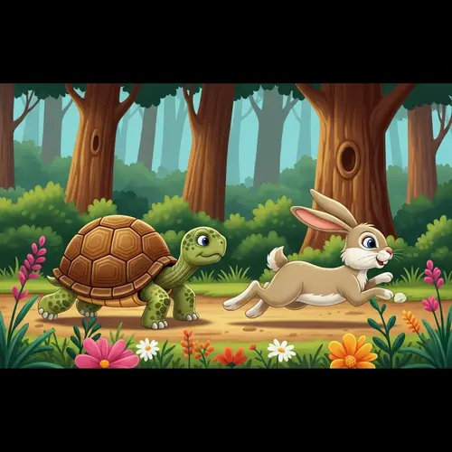 Turtle and Rabbit Playful Race in Lush Forest - Classic Tale Cartoon