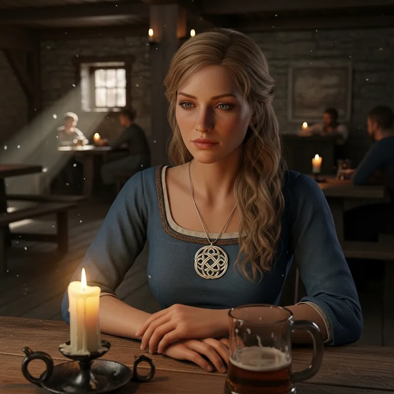 Blonde Beauty in a Blue Dress at a Cozy Tavern
