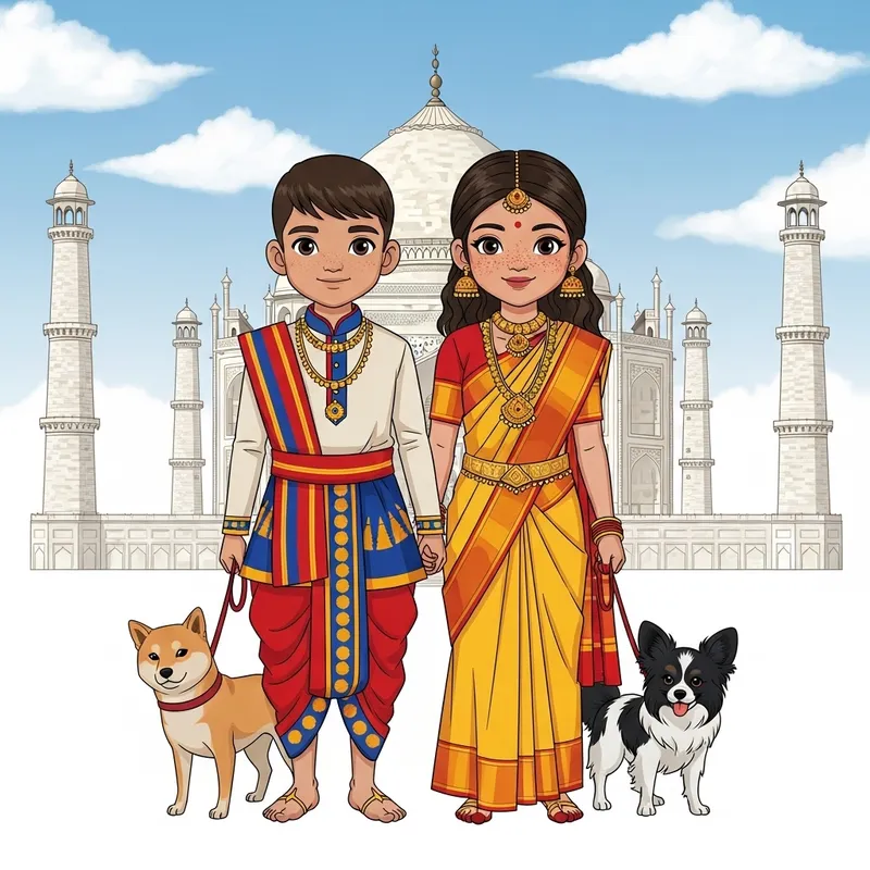 South Indian Boy and Girl in Traditional Attire at Majestic Taj Mahal South Indian Boy and Girl in Traditional Attire at Majestic Taj Mahal