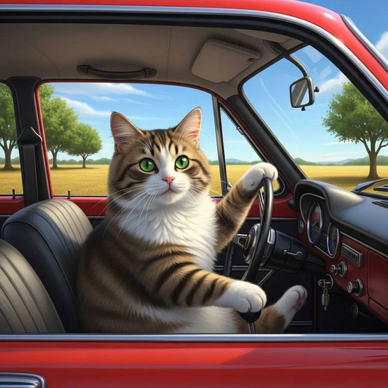 Charming Cat Driving Vintage Red Car in Serene Field