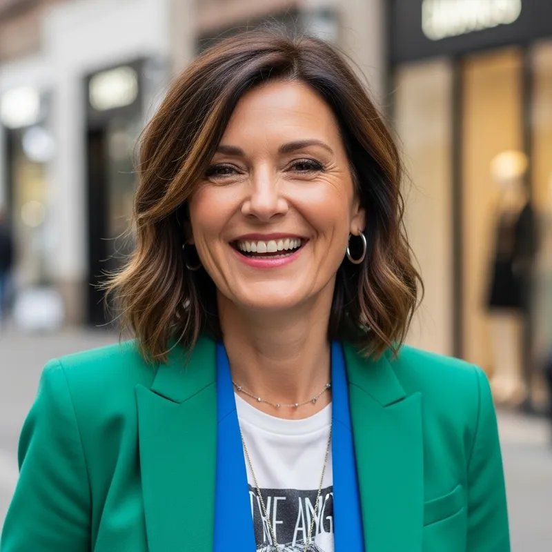 Stylish Middle-Aged Woman with Brown Hair and Contagious Smile