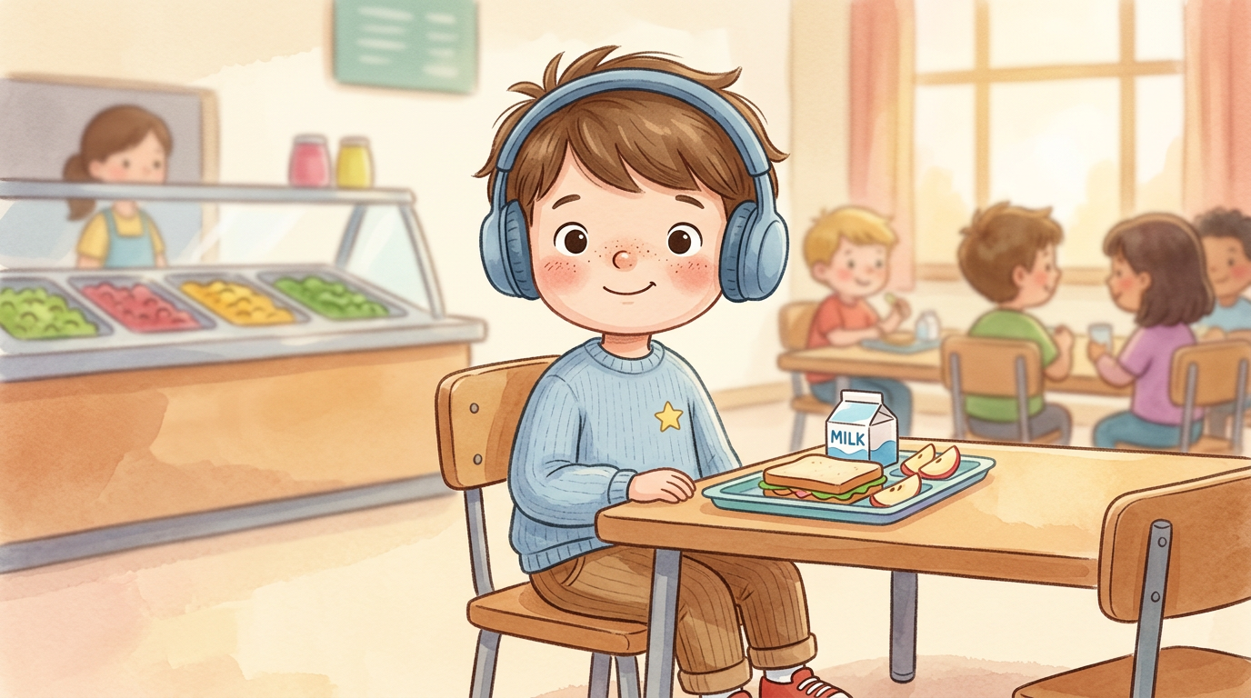 Picture book illustration of David wearing headphones at a cafeteria table, the same boy in a blue star sweater as on every page