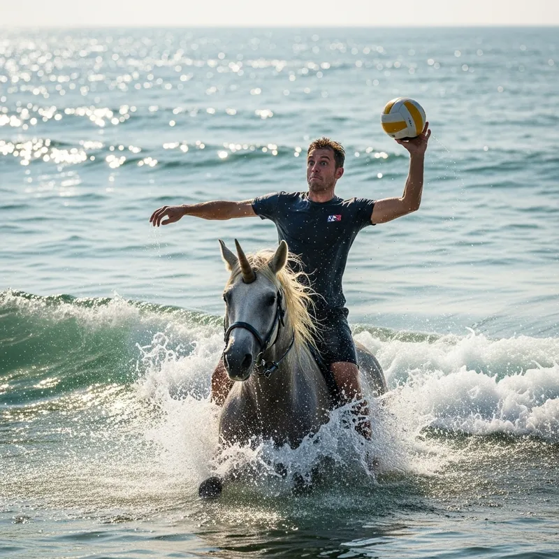 Mad Guy Riding Unicorn Plays Volleyball in Ocean