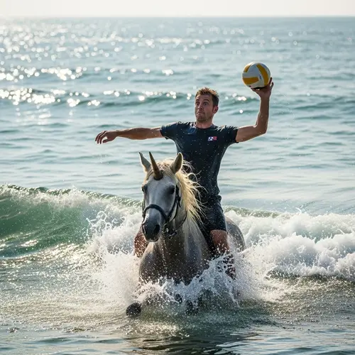 Man Playing Volleyball on Unicorn in Ocean