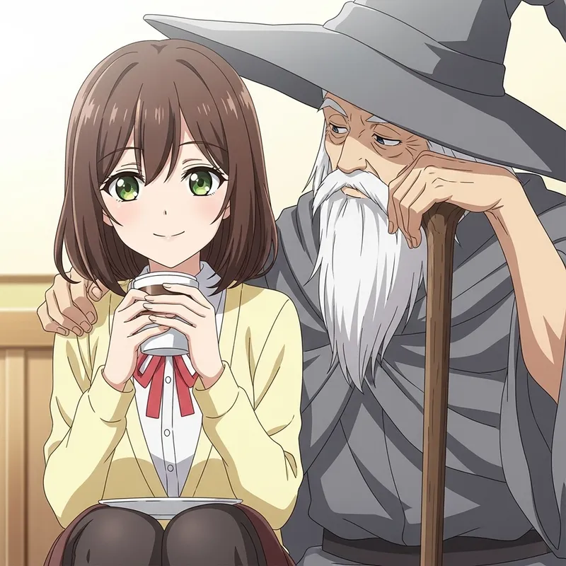 Charming Anime-Style Illustration of Young Woman and Gandalf Enjoying Coffee Charming Anime-Style Illustration of Young Woman and Gandalf Enjoying Coffee