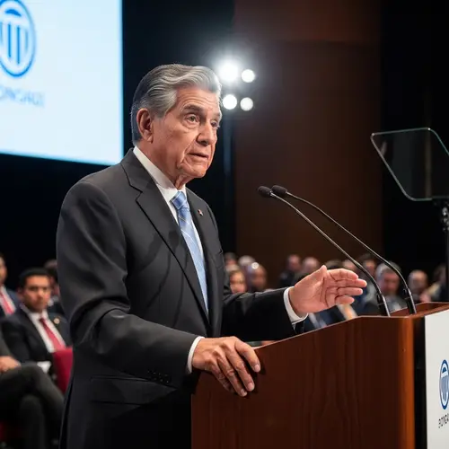 Hispanic Elderly Man Giving Public Speech in Suit