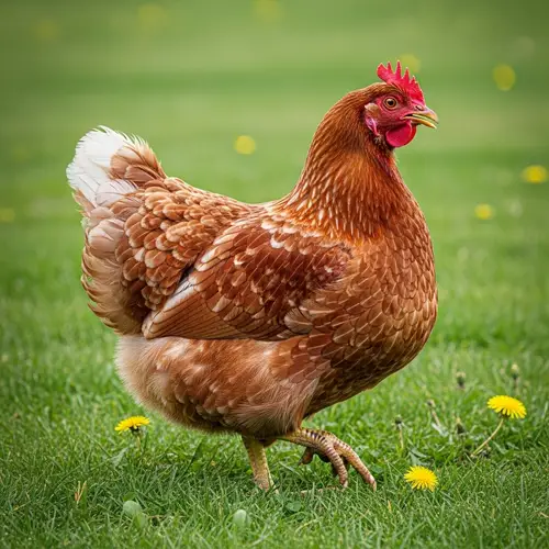 Beautiful Red and White Chicken in Profile on Green Grass