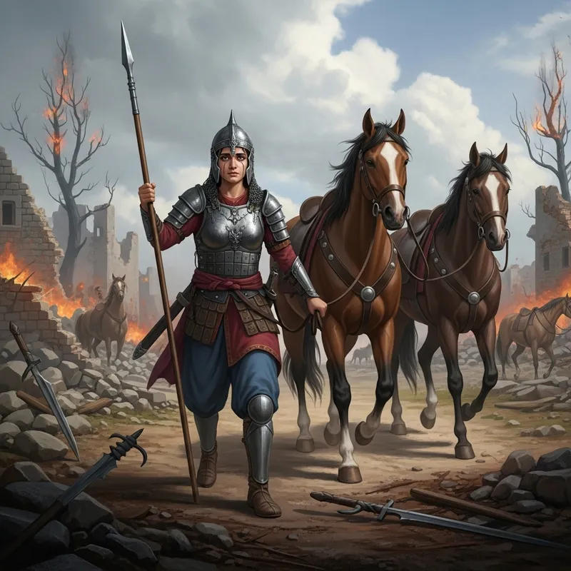 Brave Warrior with Horses in a War Zone