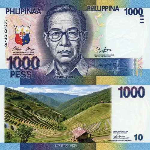 1000 Philippine Peso Banknote with Rodrigo Duterte Face & Rice Terraces Design