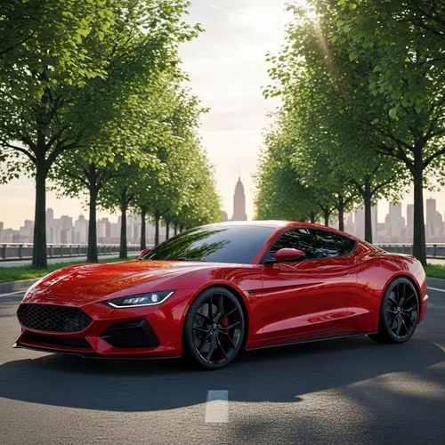 Contemporary Red Sports Car Rendering | City Sunset Background