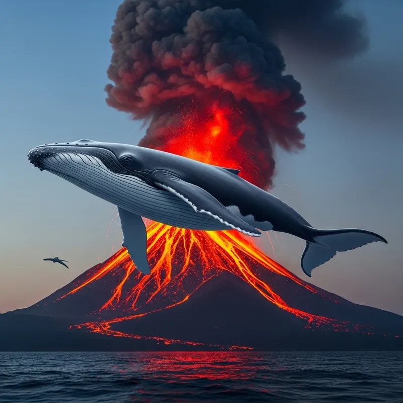Whale Flying over Volcano: Surreal Nature Ballet