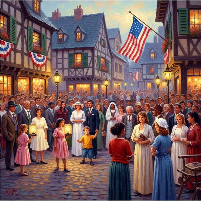 Impressionist Patriotism: A Vivid Town Square Scene